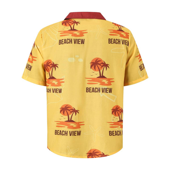 A short-sleeved, yellow Cuban collar shirt with a beach view print and a maroon collar. It features palm trees and a logo.