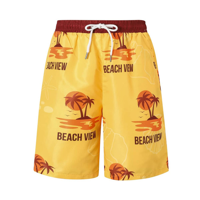 Men's polyester board shorts in yellow featuring palm trees and a beach view design, with a drawstring waist and branding.