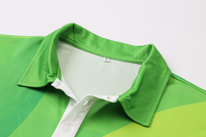 A vibrant green polo shirt with a white collar and a logo, featuring a subtle gradient design.