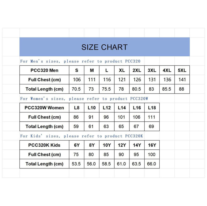 A size chart detailing measurements for men's, women's, and kids' t-shirts, with various sizes and dimensions listed.