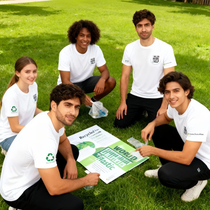 A group of five young adults wearing unisex white RPET sublimated round-collar tee shirts, sitting on grass.