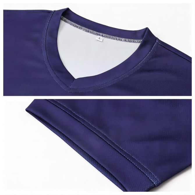 A unisex adults RPET sublimated V-collar tee shirt in deep navy blue, featuring a distinct V-neck design and hem detailing.