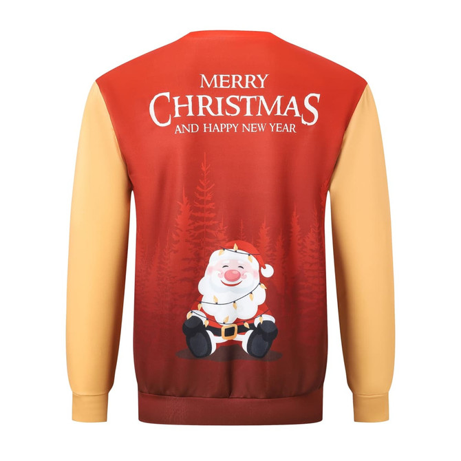 A festive red and yellow sweatshirt featuring a cartoon Santa and Christmas greetings on the back.