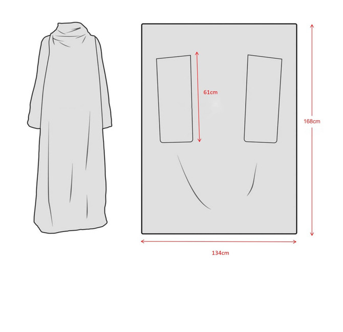 A grey, premium 100% polyester blanket with an oversized design and dimensions labelled. Features a logo.