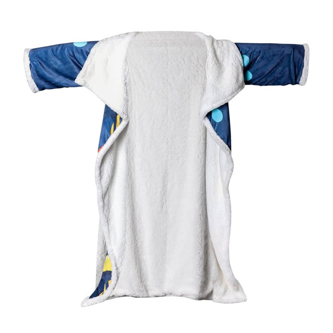 A cosy blanket featuring a white plush interior and blue patterned sleeves, ideal for comfort at home.