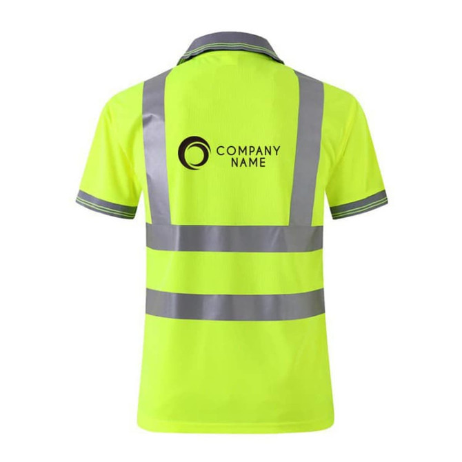 A bright yellow unisex polo shirt with reflective strips and a logo on the back. Ideal for high-visibility workwear.