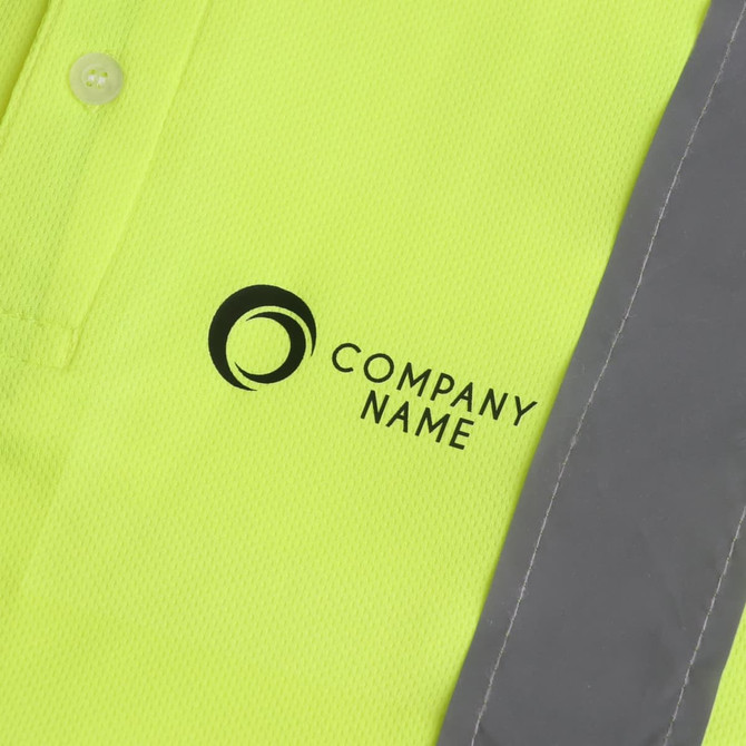 A bright yellow unisex polo shirt with reflective grey stripes and a logo on the front.