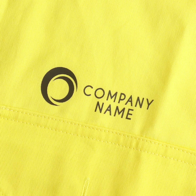 A bright yellow unisex long-sleeve shirt with reflective details and a logo. Suitable for high-visibility workwear.