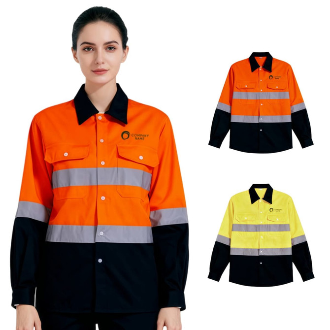 A unisex cotton hi-vis reflective long-sleeve shirt in orange and black, and a yellow and black variant, featuring branding.