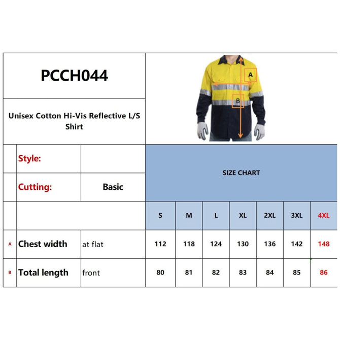 A unisex long-sleeve shirt in hi-vis yellow and navy, with reflective strips and an included size chart.