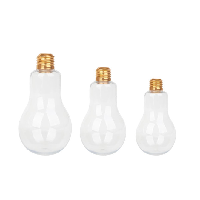 A drink bottle in a bulb shape, transparent glass with gold accents, available in three sizes.