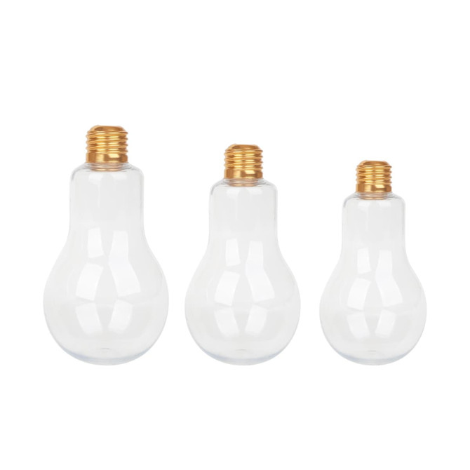 A drink bottle resembling a light bulb, available in three sizes, with clear plastic and gold-coloured lids.