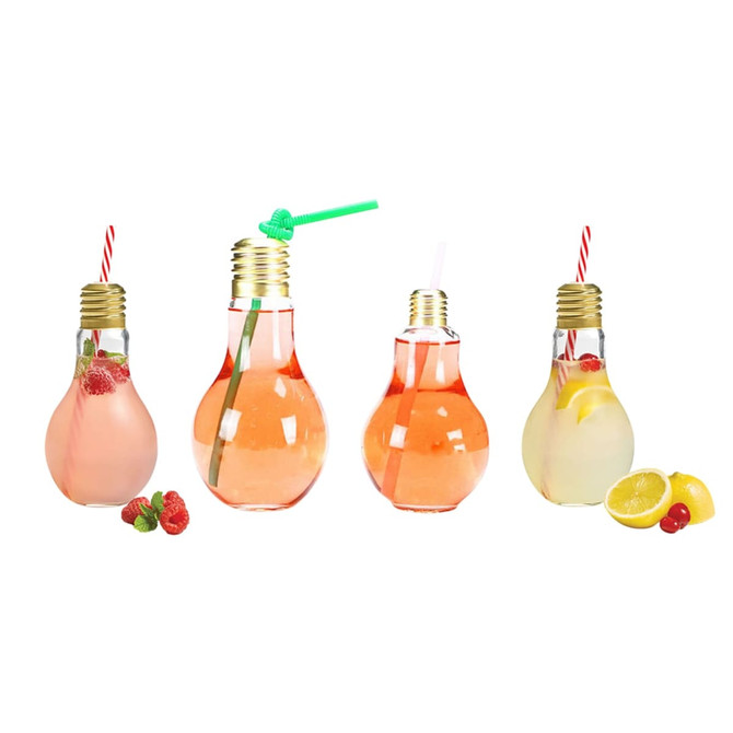 A drink bottle collection featuring four bulb-shaped plastic bottles in various colours, with decorative straws and fruit garnishes.