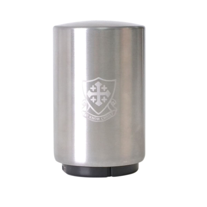 A drink bottle opener made of stainless steel with a black base, featuring an engraved logo on the front.