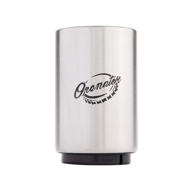 A drink bottle opener in silver stainless steel, featuring a logo on its surface. Ideal for keys or tools.