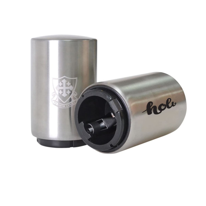 A drink bottle opener in a sleek stainless steel design, featuring a logo and a stylish finish.