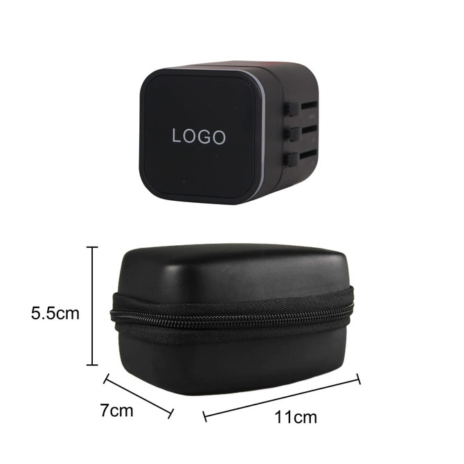A black travel adapter with a compact design, accompanied by a matching black storage case.