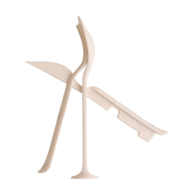 A 3-in-1 portable utensils set in a light neutral colour, featuring a spoon, fork, and knife with a logo.