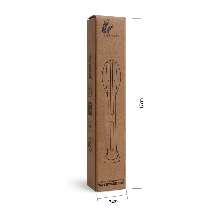 A 3-in-1 portable utensils set in brown packaging, measuring 17cm by 3cm, featuring a logo on the box.