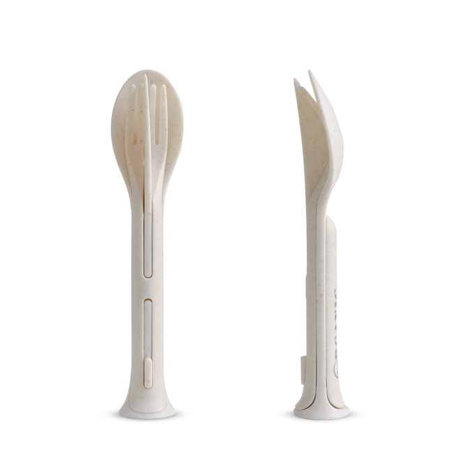 A white 3-in-1 portable utensil set featuring a fork, knife, and spoon in a compact design. It includes a logo.