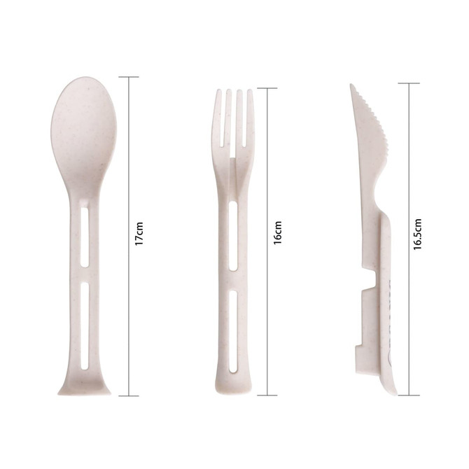 A 3-in-1 portable utensils set in a light colour, featuring a spoon, fork, and knife, all measuring between 16cm and 17cm.