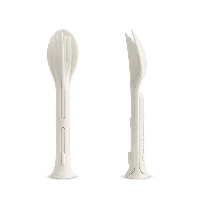 A 3-in-1 portable utensils set in white, featuring a fork, knife, and spoon combined into one sleek design.
