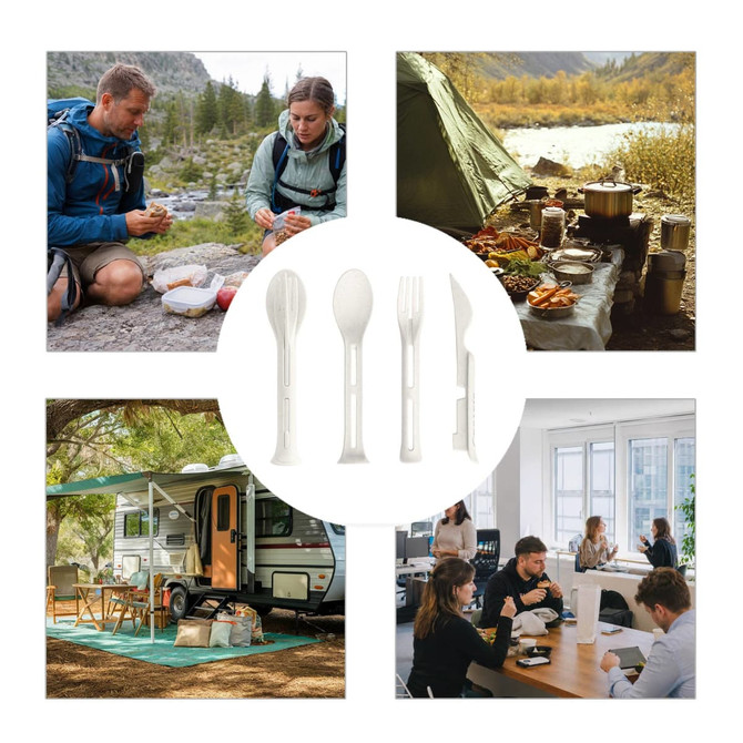 A portable utensils set in white includes a spoon, fork, and knife, ideal for outdoor and indoor dining.