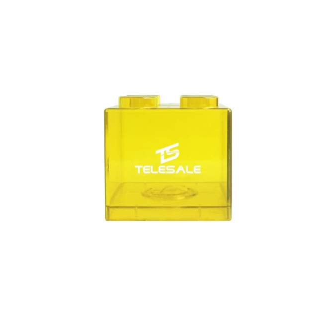 A yellow square block coin bank with a logo on the front, designed for saving money.
