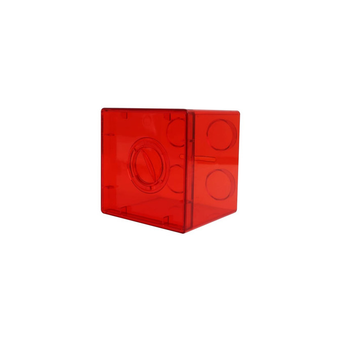 A square block coin bank in bright red, featuring circular coin entry and textured sides. The bank has a logo on it.