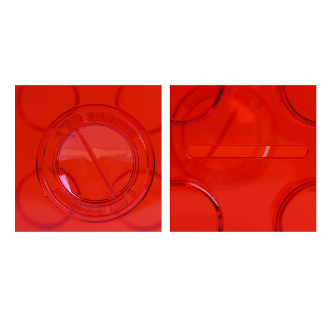 A bright red square block coin bank with a slot on top and a circular opening on the side. It features a logo.