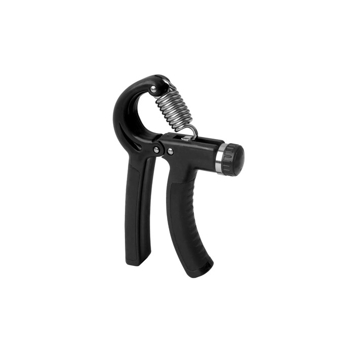 A black adjustable hand grip with textured handles and a coil spring mechanism, featuring a control knob.