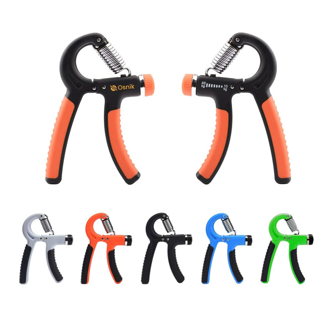 A pair of adjustable hand grips in black and orange, with additional grips in grey, blue, and green. Each has a logo.