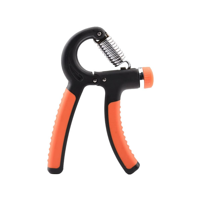 A black and orange adjustable hand grip with a spring mechanism and textured handles. It has a small knob for resistance adjustment.