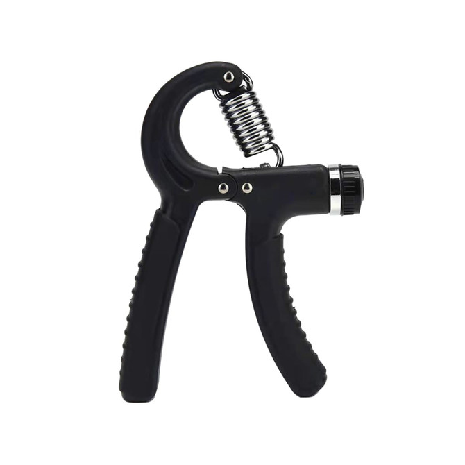 A black adjustable hand grip with a spring mechanism and textured handles for improved grip.