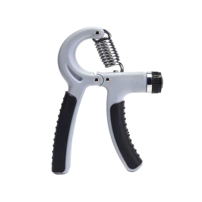 A grey adjustable hand grip with a spring and black textured grips. It features a circular adjustment knob.