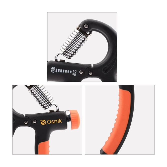 A black and orange adjustable hand grip with a coiled spring, featuring a logo and measurement markings.