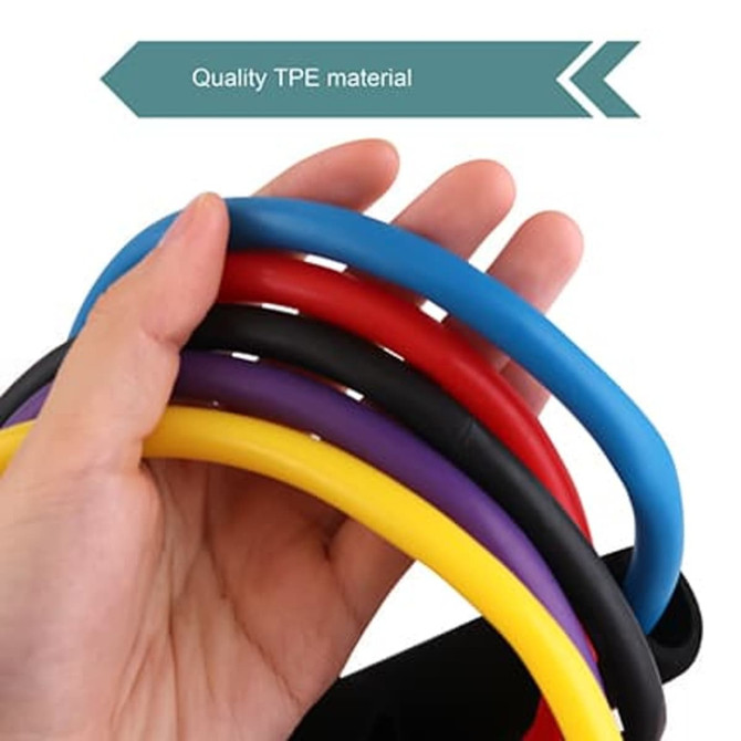 A hand holding multiple Figure 8 resistance bands in blue, red, purple, and yellow, made from quality TPE material.