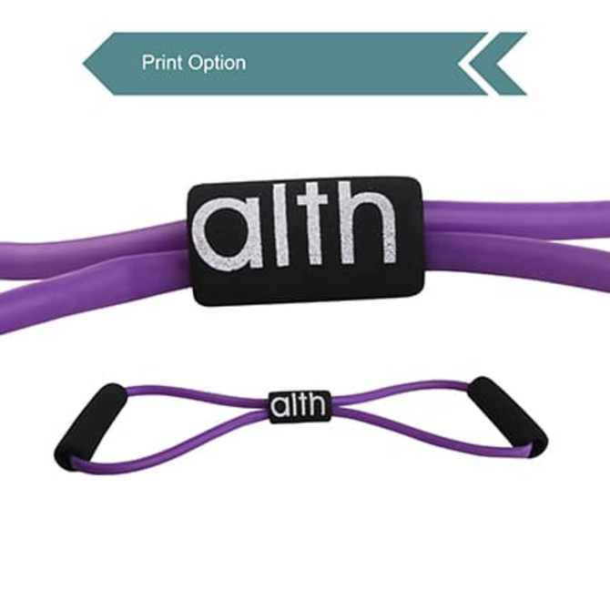 A Figure 8 resistance band with handles in purple, featuring a logo on the central strap.