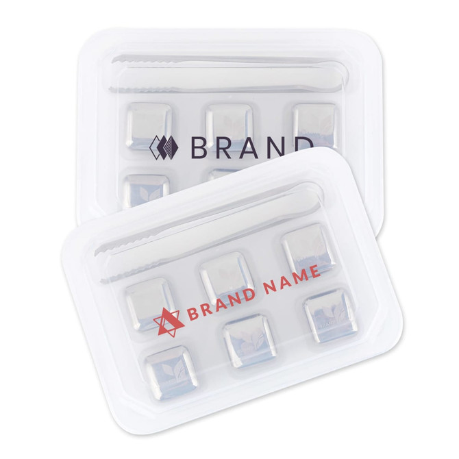 A set of six stainless steel ice cubes in a clear case, featuring a logo on the packaging.
