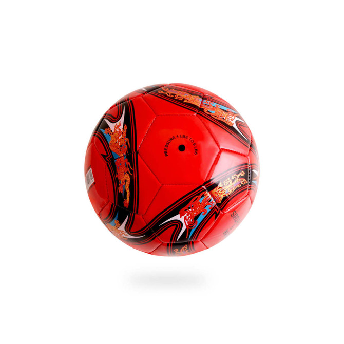 A red promotional soccer ball featuring decorative patterns and a logo. Ideal for leisure and outdoor activities.
