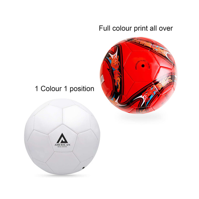 A red promotional soccer ball with a decorative design and a white soccer ball featuring a logo on one panel.