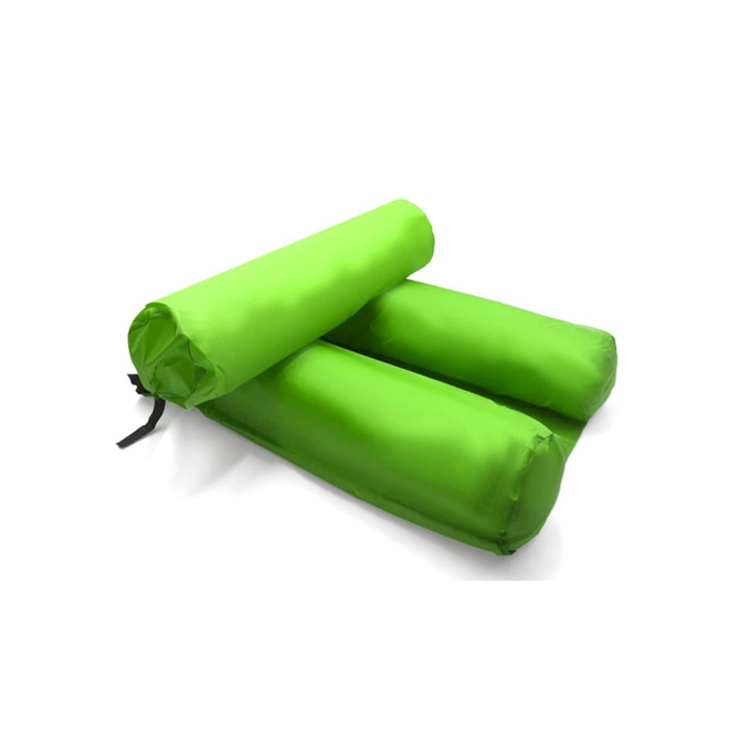 A bright green inflatable floating chair rolls up for easy storage. Includes a logo on the fabric.