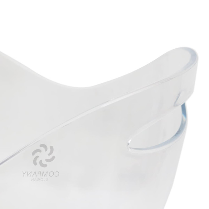 A transparent ice bucket with a curved handle, featuring a logo on the side. Suitable for chilling drinks.