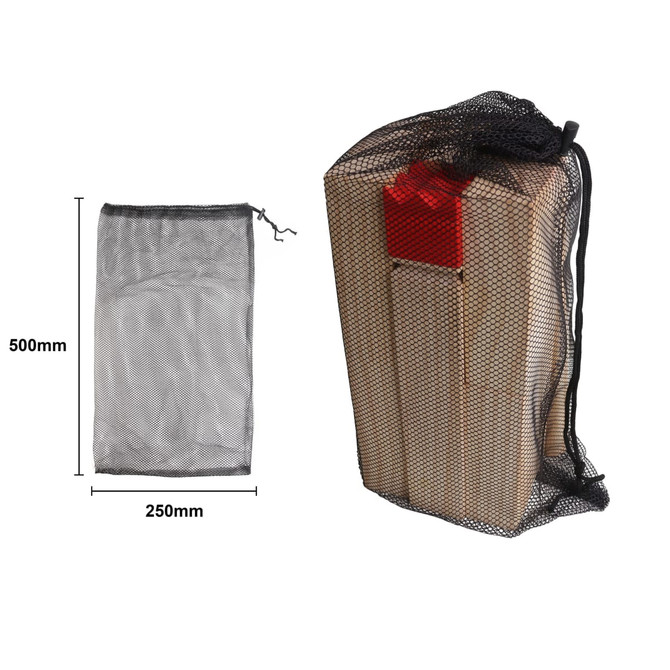 A mesh bag containing wooden game pieces for a Premium Wooden Kubb Set, measuring 500mm by 250mm.