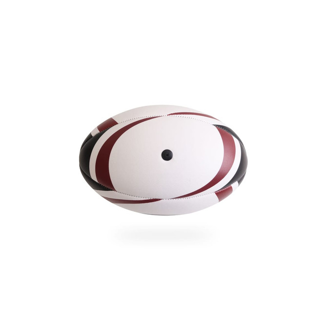 A rugby ball featuring white, maroon, and black stripes, with a branded logo on its surface.