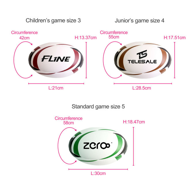 A set of rugby balls in various sizes, featuring white, brown, and green colours, each with distinct logos.
