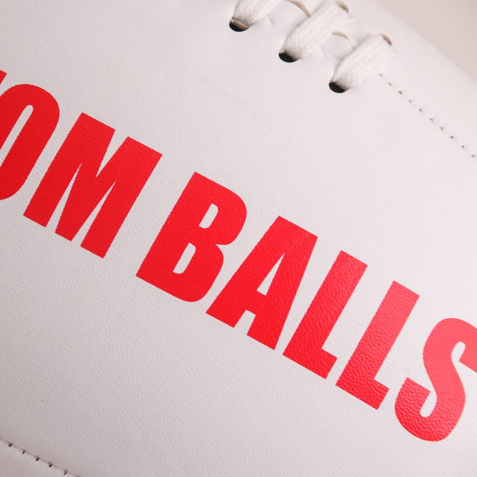 A white AFL ball with red text, featuring stitching and a logo. Perfect for leisure and outdoor sports.