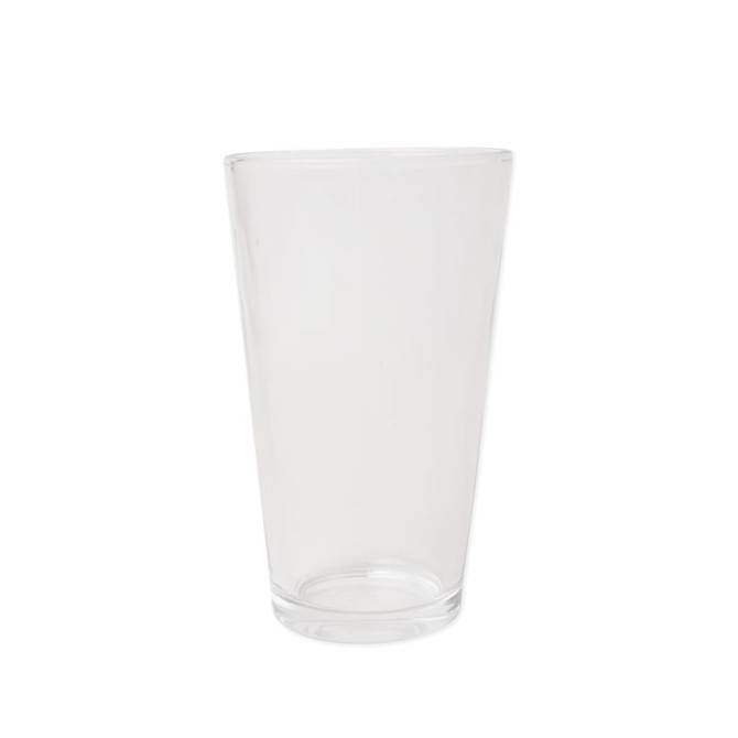 A clear glass cocktail shaker with a sleek design, featuring a rounded base and tall body.