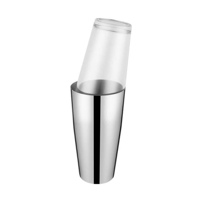 A cocktail shaker in stainless steel and clear glass, featuring a sleek, modern design. It includes a glass top.