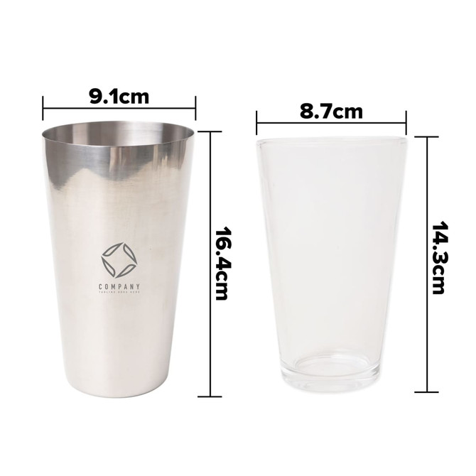 A stainless steel cocktail shaker and a clear glass, both with measurement markings. Features a logo on the shaker.